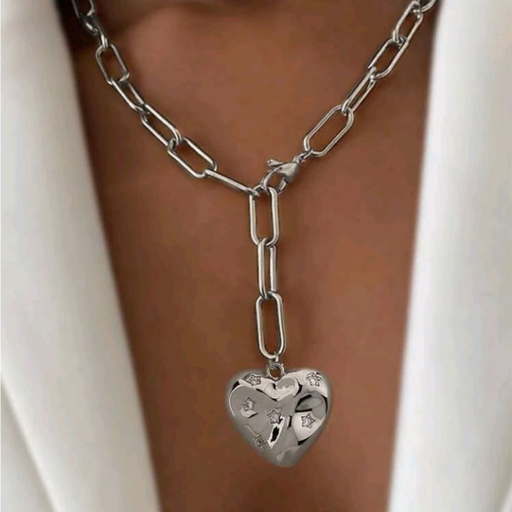 Cubic Zirconia Stars on Heart Charm Y Lariat Necklace